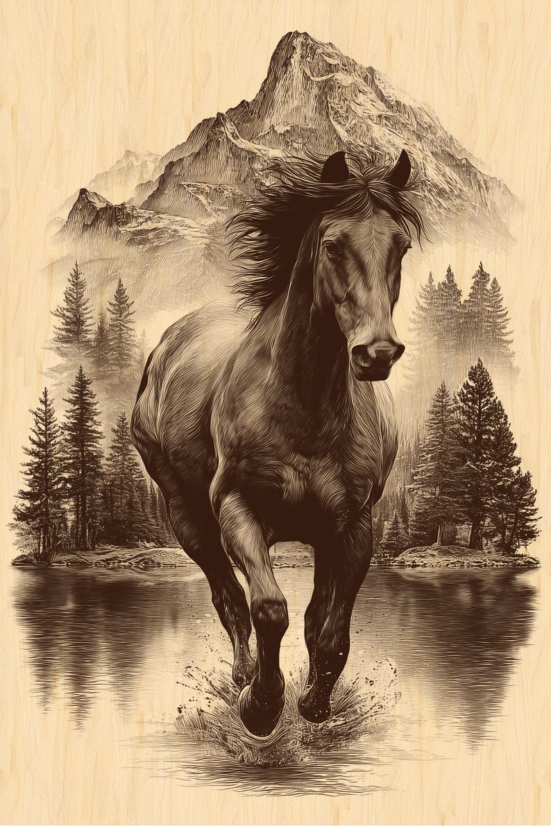 Running horse rustic engraving PNG with mountains.
Wild mustang rustic engraving artwork digital file.
Horse running in water engraving clipart PNG.
