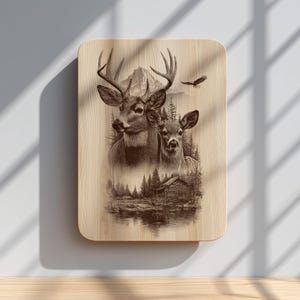 Cabin in forest engraving for home and lodge designs.