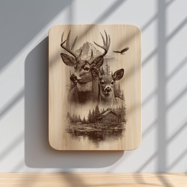 Cabin in forest engraving for home and lodge designs.