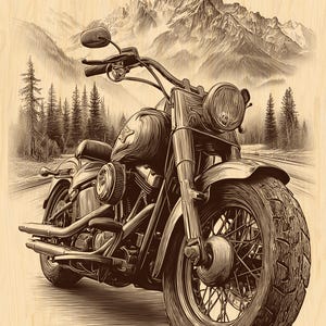 May include: Sepia-toned illustration of a classic motorcycle on a mountain road. The motorcycle features a large front tyre, detailed engine, and prominent headlight. The background shows a mountain range and a forest, creating a scenic backdrop.