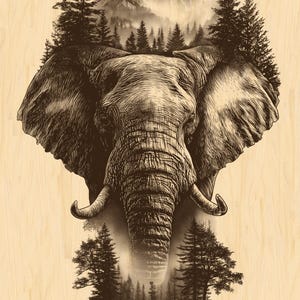 Könnte beinhalten: Sepiafarbene Illustration eines Elefantenkopfes mit einem Wald und einer Bergkette, die in seine Form überlagert sind. Das Kunstwerk weist detaillierte Linien auf, die ein strukturiertes Aussehen erzeugen. Der Hintergrund ist ein helles Holzmaserung.