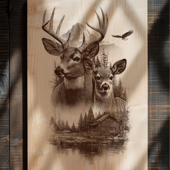 Deer Family Cabin Engraving PNG | Wilderness Scene Design | Rustic