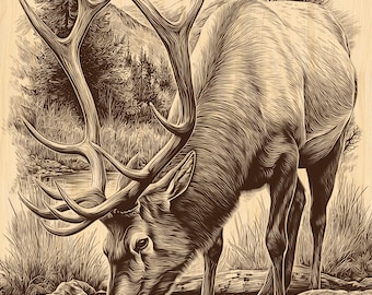Elk Reflection Engraving PNG | Wilderness Majesty Laser Engraving File | Rustic Wildlife Wall Art for Glowforge & CNC