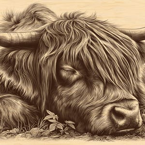 May include: A detailed sepia-toned illustration of a Highland cow resting peacefully. The artwork highlights the cow's long, shaggy fur, curved horns, and closed eyes, with blades of grass and foliage in the foreground.