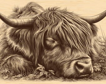 Sleeping Highland Cow Engraving PNG | Rustic Western Wood Art | Wildlife Laser Design | Peaceful Bull Engraving for CNC