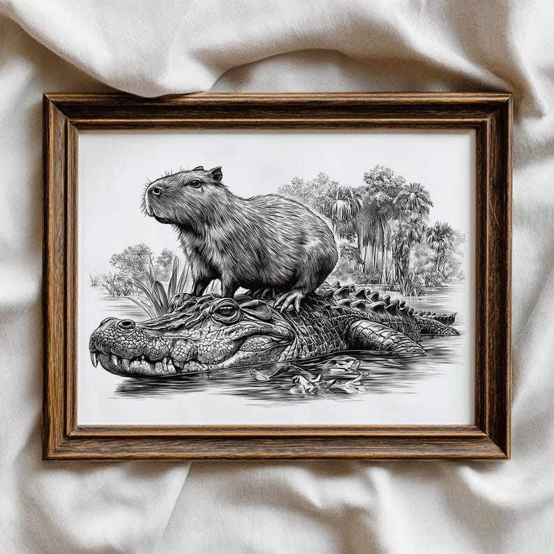 Capybara Riding Crocodile Engraving PNG | Unique Wildlife Wood Art ...