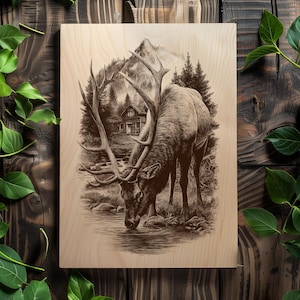 Rustic mountain wilderness animal engraving
Engraving file of elk and nature retreat
Antlered elk with log home and pines