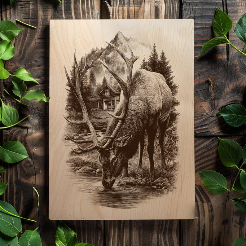 Rustic mountain wilderness animal engraving
Engraving file of elk and nature retreat
Antlered elk with log home and pines