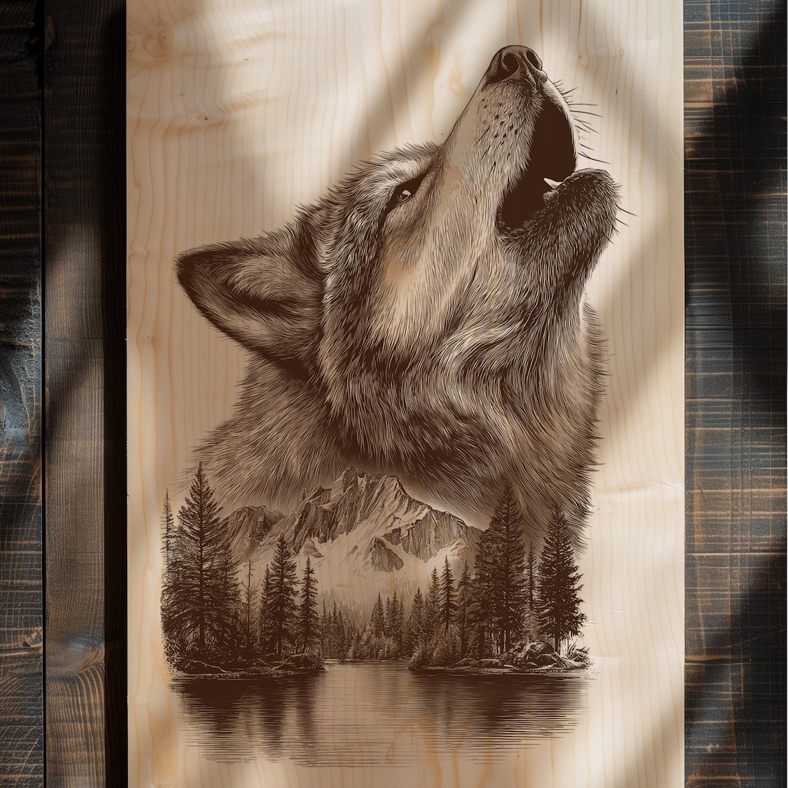 Howling Wolf Engraving PNG | Mountain Forest Wood Art | Wilderness ...