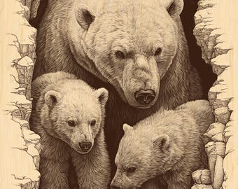 Op de afbeelding: Een sepia-getinte illustratie van een berenfamilie die uit een rotsachtige grot komt. De afbeelding toont een grote volwassen beer en twee welpen, allemaal met gedetailleerde vachttexturen. Het kunstwerk is geplaatst tegen een lichte houtnerf achtergrond.