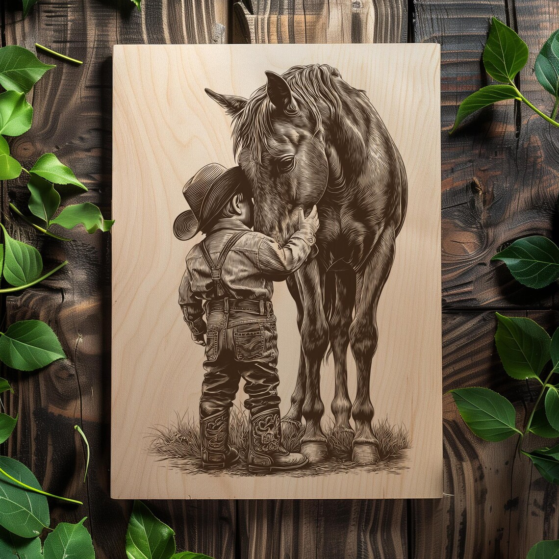 Little Cowboy and Horse PNG | Rustic Western Engraving Art | Country ...