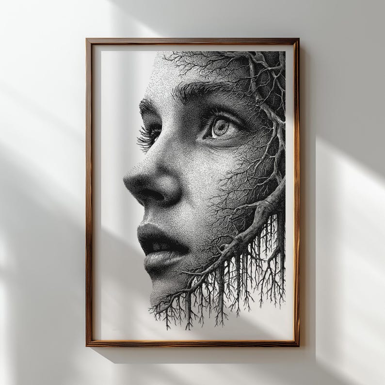 Surreal Face Roots Engraving PNG | Nature Soul Portrait Art | Botanical ...