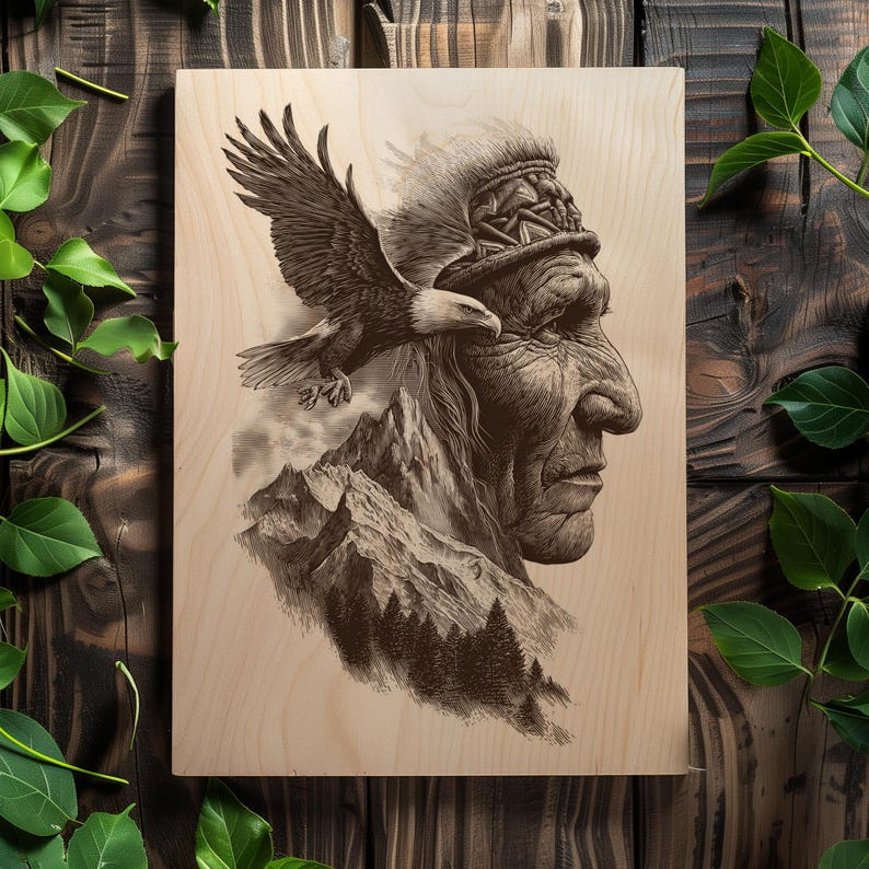 Bald eagle flying over tribal figure in engraving style.
Symbolic double exposure for CNC and laser engraving.
Tribal heritage PNG for spiritual wall decor.