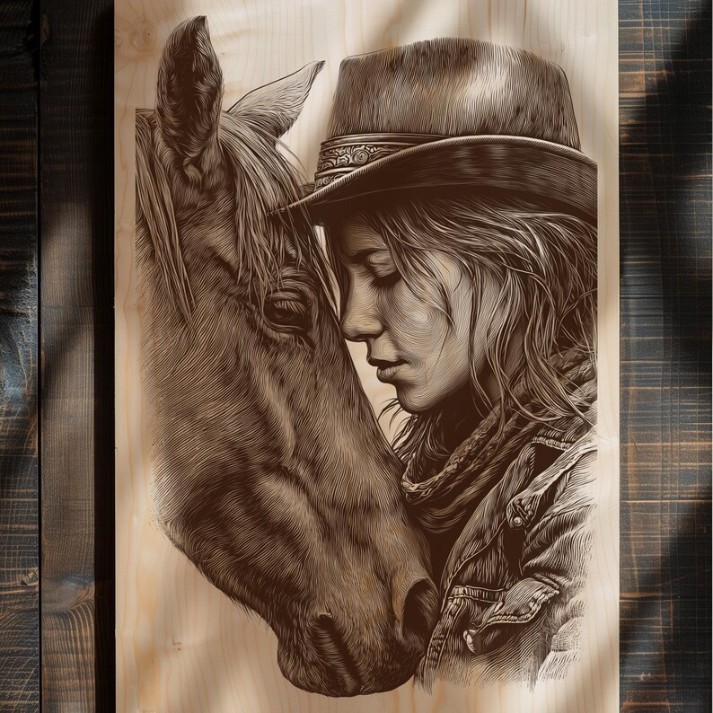 Equestrian rustic western décor engraving artwork.