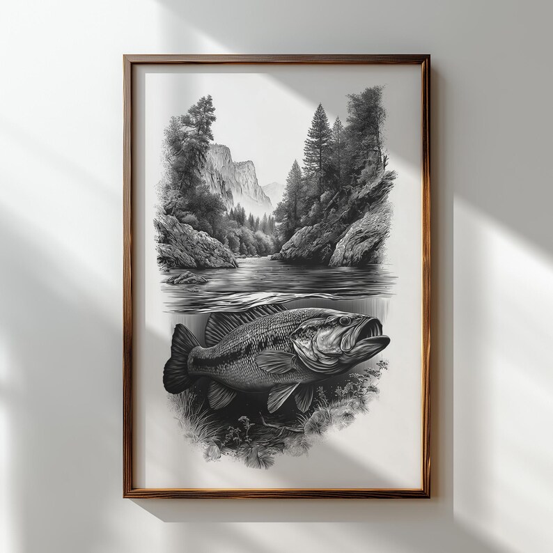 Largemouth Bass River Engraving PNG | Rustic Fishing Wall Art ...
