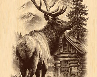May include: Sepia-toned illustration of a majestic elk with large antlers, standing near a rustic log cabin. Mountains and a tall pine tree are in the background, creating a wilderness scene. The artwork is on a light wood grain background.