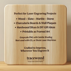 May include: A light-coloured wooden plaque with rounded corners, displaying text about laser engraving projects. The text includes options like wood, slate, marble, and stone. The plaque also mentions charcuterie boards, wall plaques, and hardwood slices.