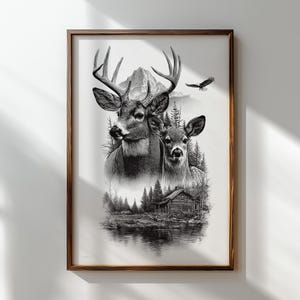 Wildlife and cabin engraving art for rustic décor.
Mountain cabin scene engraving with forest reflection.