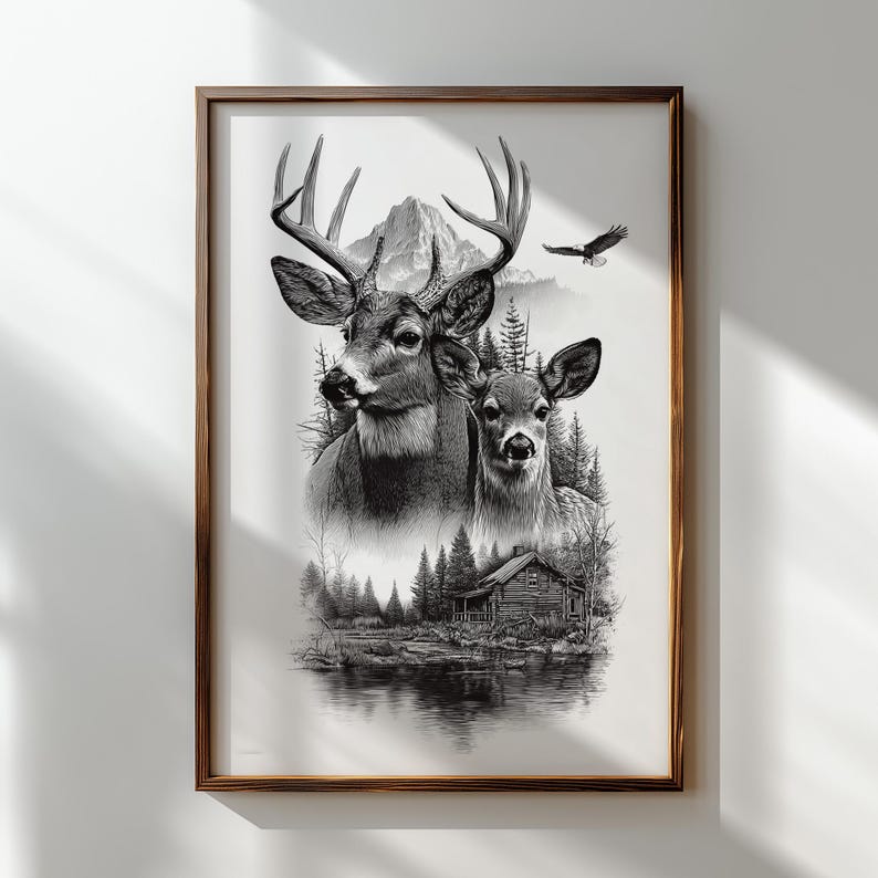 Wildlife and cabin engraving art for rustic décor.
Mountain cabin scene engraving with forest reflection.