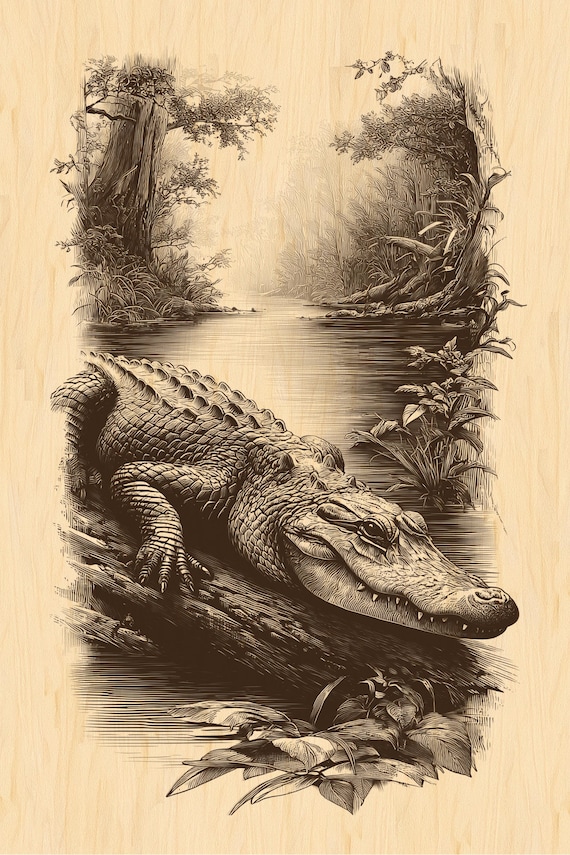 木版画用ワニ川風景PNG - 素朴な野生動物のクリップアート、沼地の