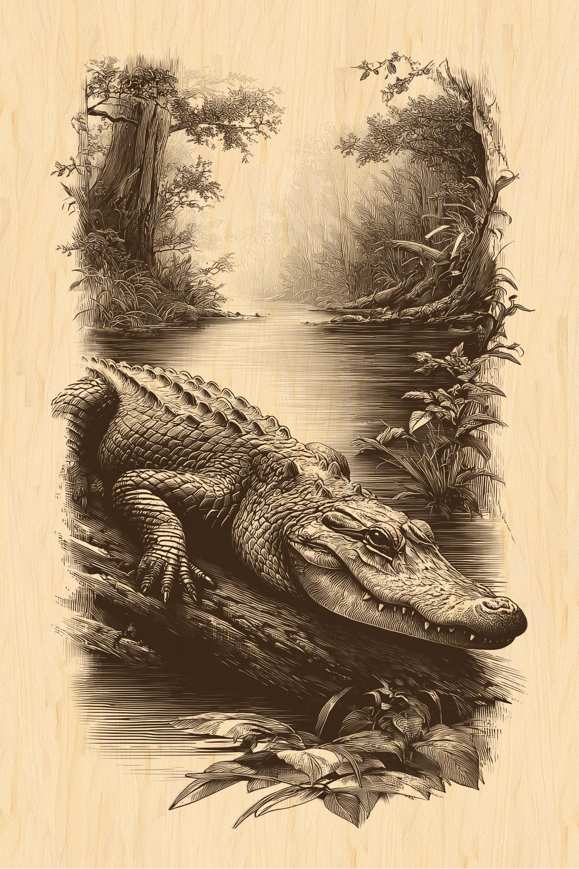 木版画用ワニ川風景PNG - 素朴な野生動物のクリップアート、沼地の