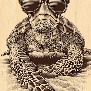 May include: A detailed illustration of a sea turtle wearing sunglasses. The turtle is brown with a textured shell and is resting on a sandy surface. The sunglasses are black and add a touch of coolness to the image.