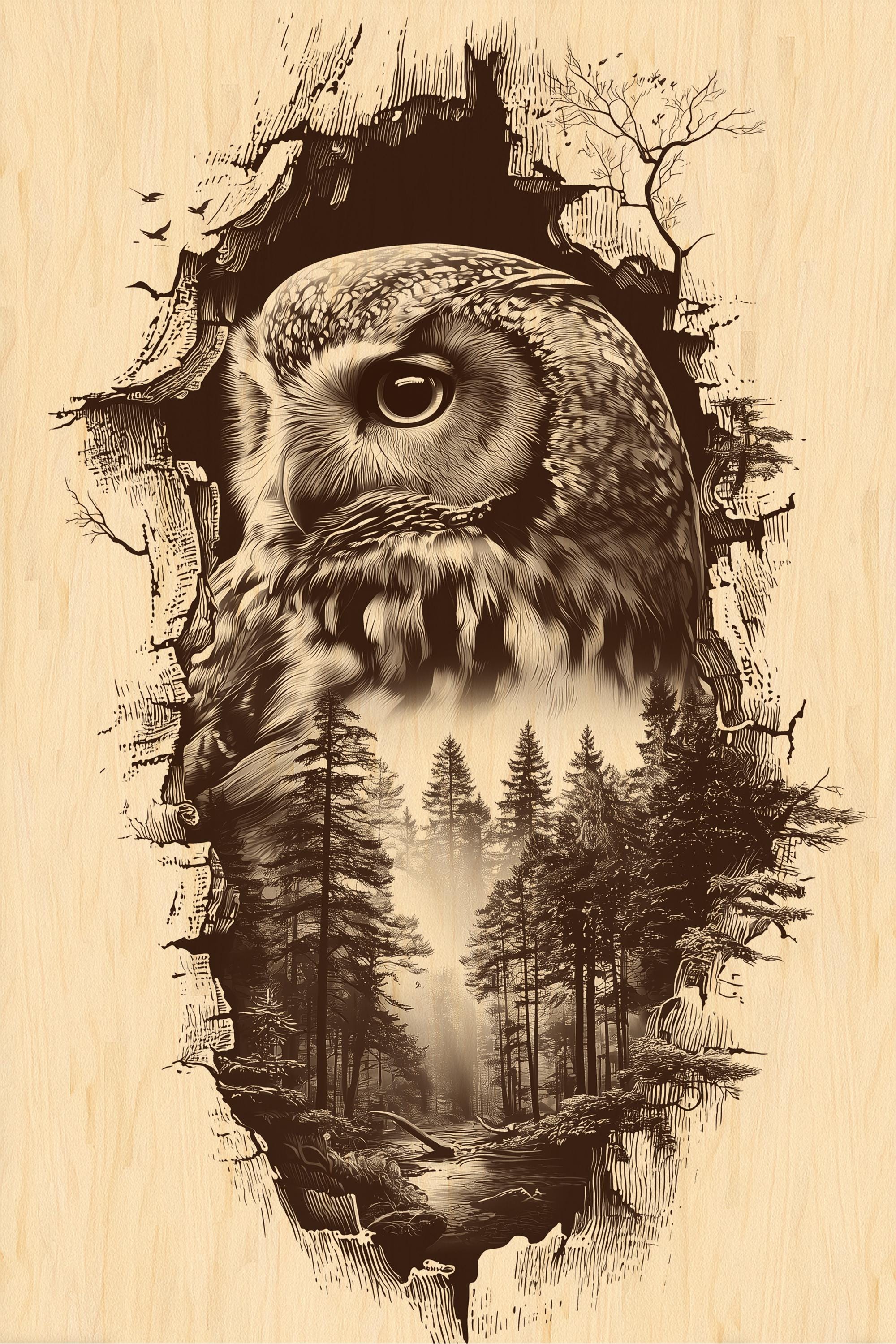 Owl Engraving PNG | Forest Wisdom Wood Art | Mystic Wildlife Laser Design | Rustic Engraving Print f