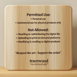 May include: A wooden sign with rounded corners displays text in brown. The text reads "Permitted Use: Personal use, Commercial use for physical products only." It also states "Not Allowed: Reselling or redistributing the digital file, Uploading to print-on-demand platforms, Modifying & reselling as digital products."