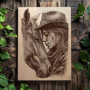 High-resolution horse portrait engraving PNG.
Western cowgirl and horse laser engraving file.
Horse lover rustic PNG engraving design.