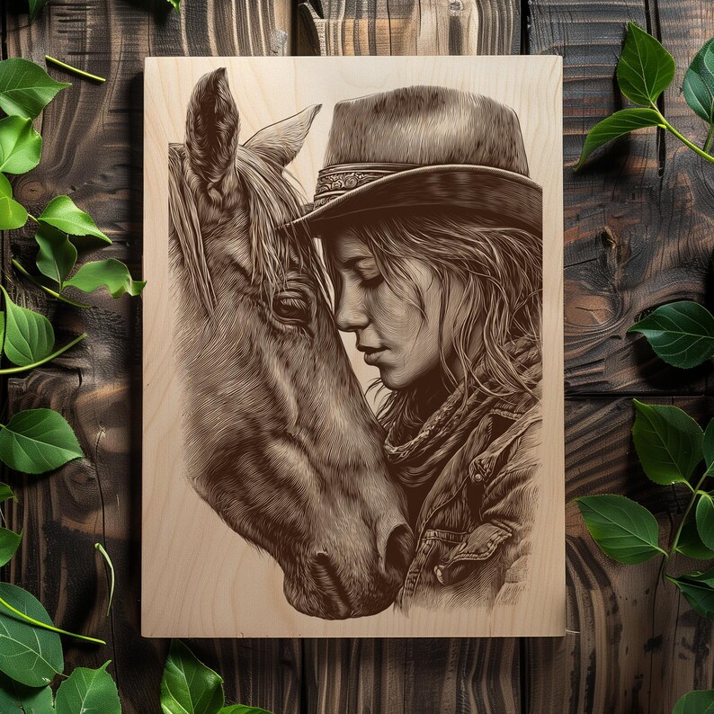 High-resolution horse portrait engraving PNG.
Western cowgirl and horse laser engraving file.
Horse lover rustic PNG engraving design.