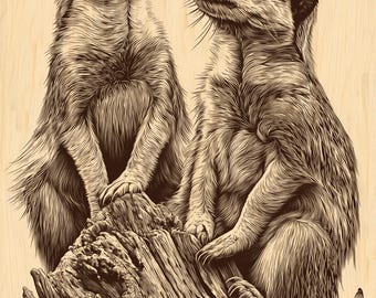 Meerkat Duo Engraving PNG | High-Detail Wildlife Wood Art | Safari Linework for Laser & CNC Engraving | Rustic Digital File