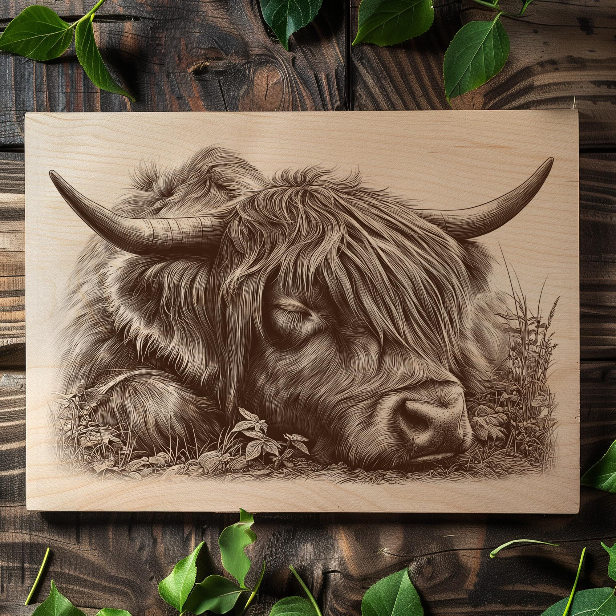 Sleeping Highland Cow Engraving PNG | Rustic Western Wood Art ...
