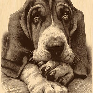 May include: A sepia-toned illustration of a Basset Hound dog. The dog's head is resting on its paws, with a sad expression. The dog has long ears, a white and brown coat, and a prominent nose. The background is a light wood grain.
