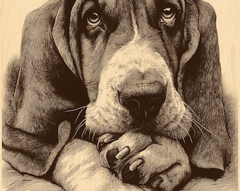 May include: A sepia-toned illustration of a Basset Hound dog. The dog's head is resting on its paws, with a sad expression. The dog has long ears, a white and brown coat, and a prominent nose. The background is a light wood grain.