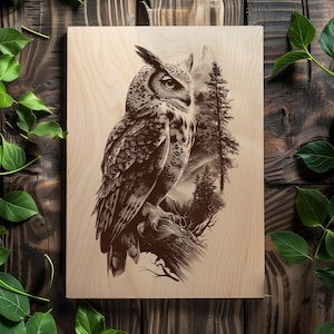 Owl line art with forest and mountains behind
Totem animal owl artwork for laser burning and wood signs