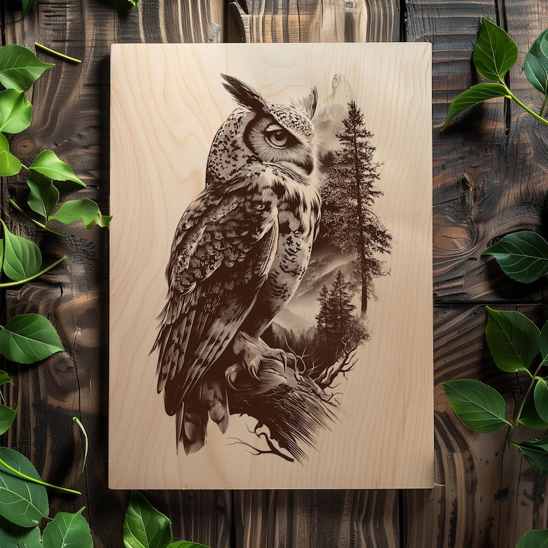 Owl line art with forest and mountains behind
Totem animal owl artwork for laser burning and wood signs