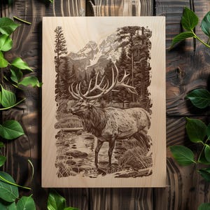Mountain wilderness elk design for wood burning art.
Rustic elk stag illustration for engraving and print.
Engraving PNG of elk with forest and mountain background.