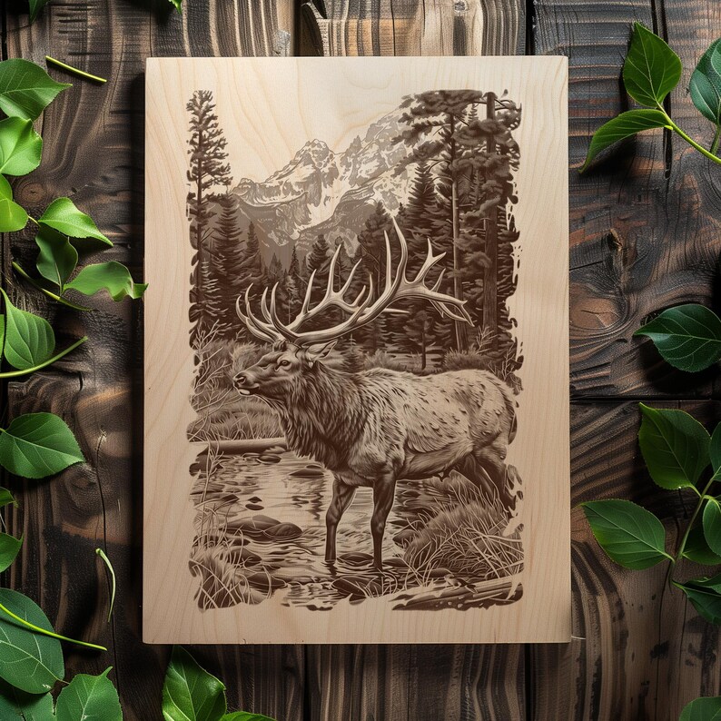 Mountain wilderness elk design for wood burning art.
Rustic elk stag illustration for engraving and print.
Engraving PNG of elk with forest and mountain background.