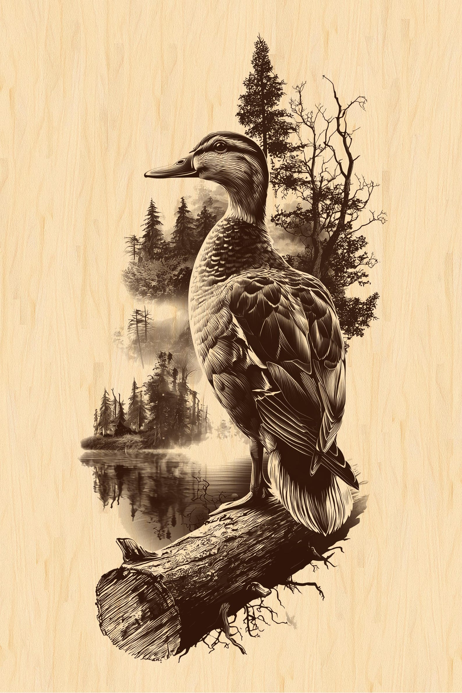 Lakeside Duck Forest Scene | Rustic Wildlife PNG for Wood Engraving ...