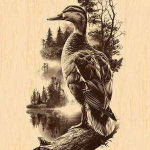 Lakeside Duck Forest Scene | Rustic Wildlife PNG for Wood Engraving | Vintage Nature Illustration Digital File
