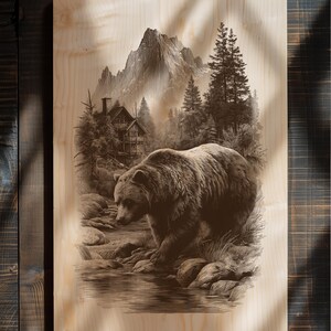 Mountain landscape with bear illustration for engraving, Realistic grizzly bear PNG for printable wood art, Digital download of bear near river in cabin forest