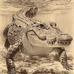 Puede incluir: Ilustración en tonos sepia de un caimán bajo el agua. La imagen destaca la piel texturizada y los afilados dientes del caimán. La obra captura la forma del reptil y su hábitat acuático con detalle.