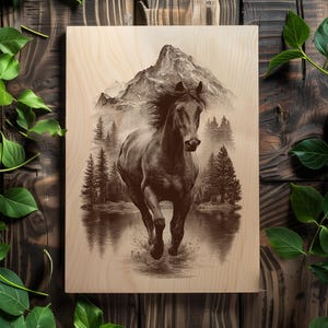 Running horse engraving PNG for CNC projects.
Mustang rustic wall décor engraving artwork.
Horse mountain engraving PNG for Glowforge.