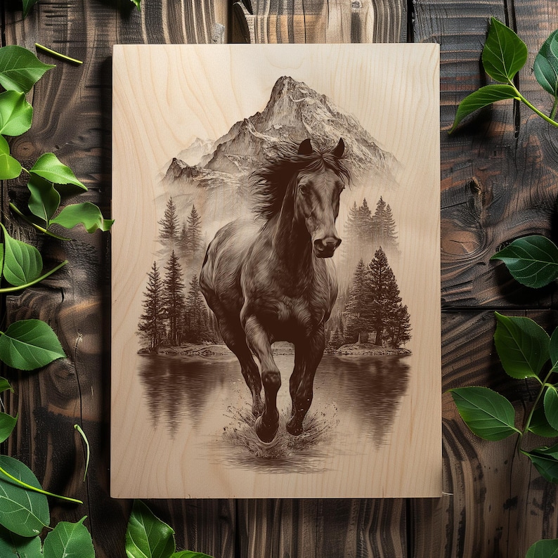 Running horse engraving PNG for CNC projects.
Mustang rustic wall décor engraving artwork.
Horse mountain engraving PNG for Glowforge.