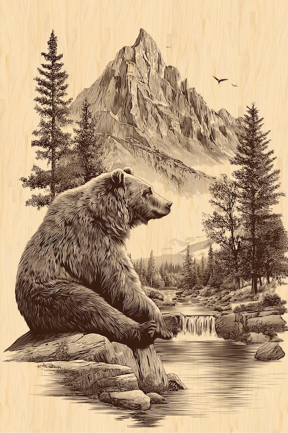 Grizzly Bear by River PNG | Rustic Mountain Engraving Digital File