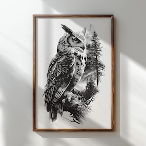 Owl with symbolic gaze and pine trees in background
Wildlife engraving PNG featuring owl and nature scene
Rustic bird clipart for spiritual or mystical décor