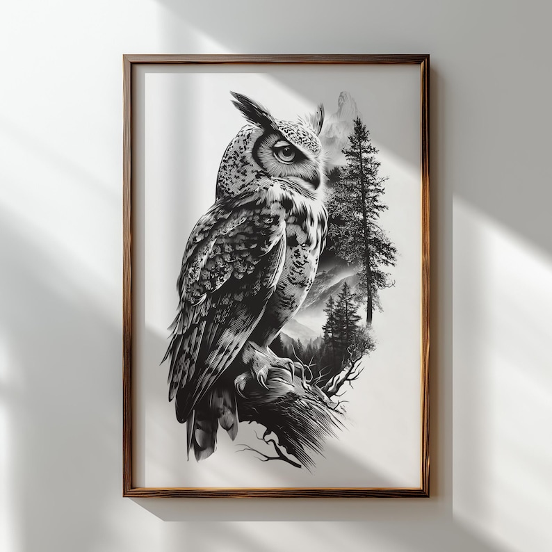 Owl with symbolic gaze and pine trees in background
Wildlife engraving PNG featuring owl and nature scene
Rustic bird clipart for spiritual or mystical décor