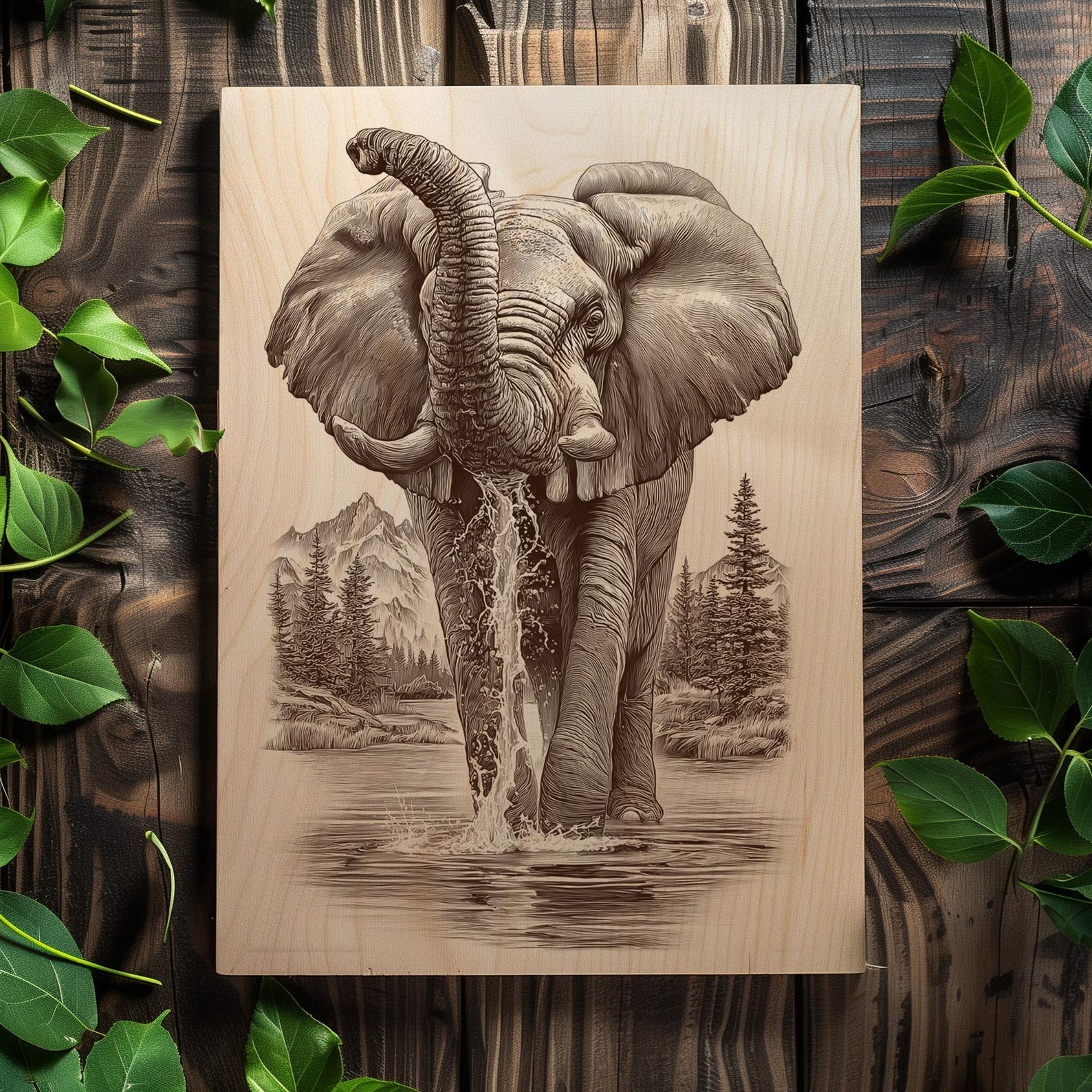Elephant Splashing Water Engraving PNG | Powerful Wildlife Wall Art ...