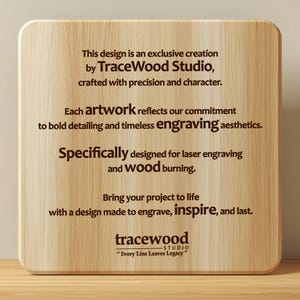 May include: A square wooden plaque with rounded corners, featuring dark brown text. The text includes "TraceWood Studio" and phrases like "laser engraving" and "wood burning." The plaque has a light wood grain pattern.