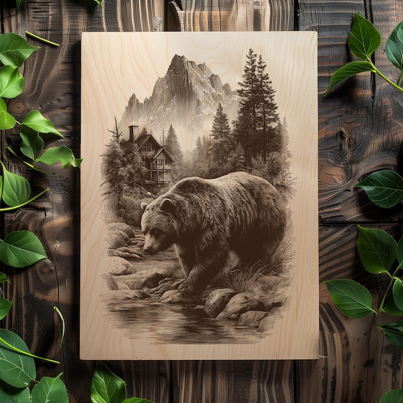 Cabin-themed wildlife PNG for CNC projects, Bear artwork for rustic home wall decor